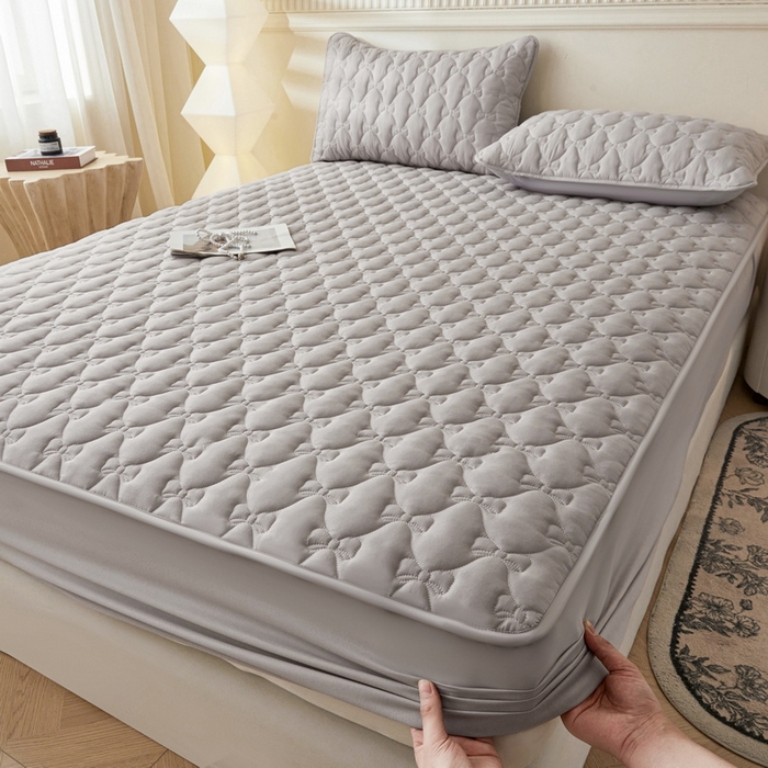 91家纺网 家纺一手货源 找家纺 LIFE.丽芙 2025新款水洗原棉单件蝴蝶结绗缝夹棉床笠三件套 蝴蝶结床笠-山灰