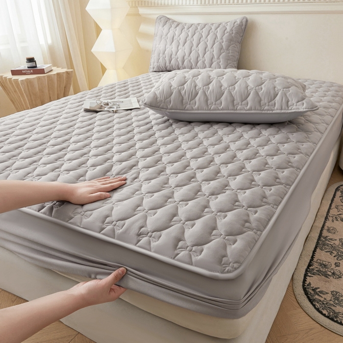 91家纺网 家纺一手货源 找家纺 LIFE.丽芙 2025新款水洗原棉单件蝴蝶结绗缝夹棉床笠三件套 蝴蝶结床笠-山灰