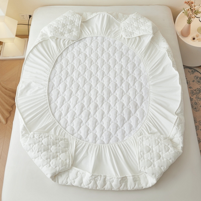 91家纺网 家纺一手货源 找家纺 LIFE.丽芙 2025新款水洗原棉单件蝴蝶结绗缝夹棉床笠三件套 蝴蝶结床笠-象牙白