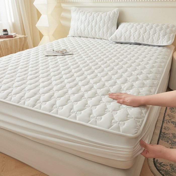 91家纺网 家纺一手货源 找家纺 LIFE.丽芙 2025新款水洗原棉单件蝴蝶结绗缝夹棉床笠三件套 蝴蝶结床笠-象牙白