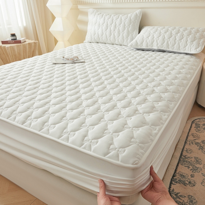 91家纺网 家纺一手货源 找家纺 LIFE.丽芙 2025新款水洗原棉单件蝴蝶结绗缝夹棉床笠三件套 蝴蝶结床笠-象牙白