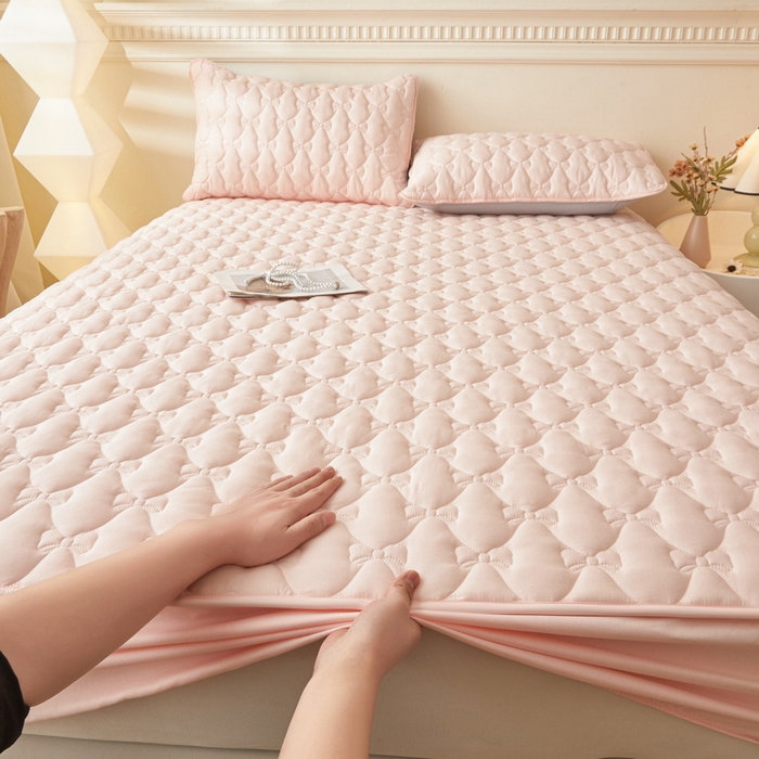 LIFE.丽芙 2025新款水洗原棉单件蝴蝶结绗缝夹棉床笠三件套 蝴蝶结床笠-奶油粉