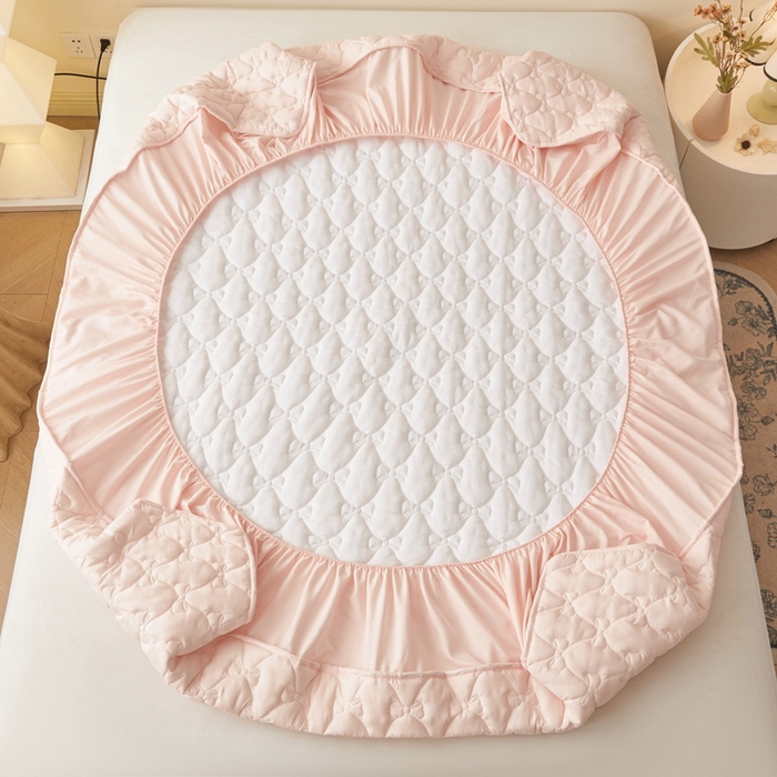 91家纺网 家纺一手货源 找家纺 LIFE.丽芙 2025新款水洗原棉单件蝴蝶结绗缝夹棉床笠三件套 蝴蝶结床笠-奶油粉