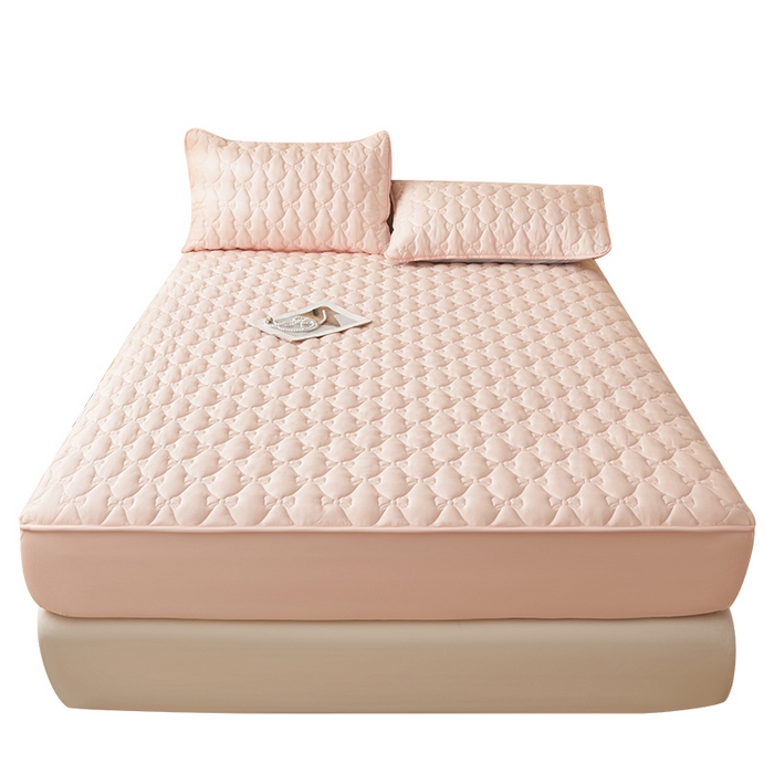 91家纺网 家纺一手货源 找家纺 LIFE.丽芙 2025新款水洗原棉单件蝴蝶结绗缝夹棉床笠三件套 蝴蝶结床笠-奶油粉