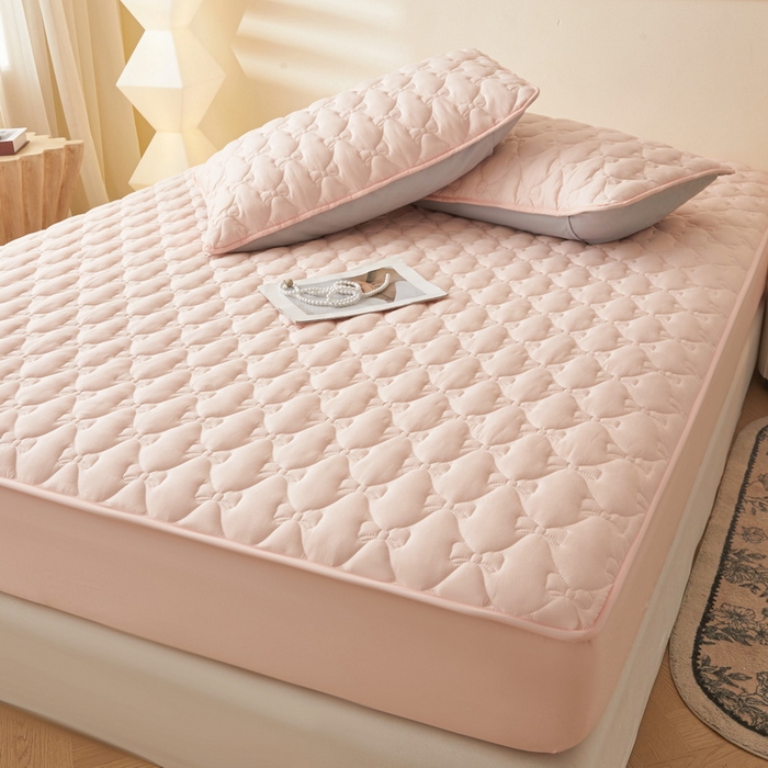 91家纺网 家纺一手货源 找家纺 LIFE.丽芙 2025新款水洗原棉单件蝴蝶结绗缝夹棉床笠三件套 蝴蝶结床笠-奶油粉