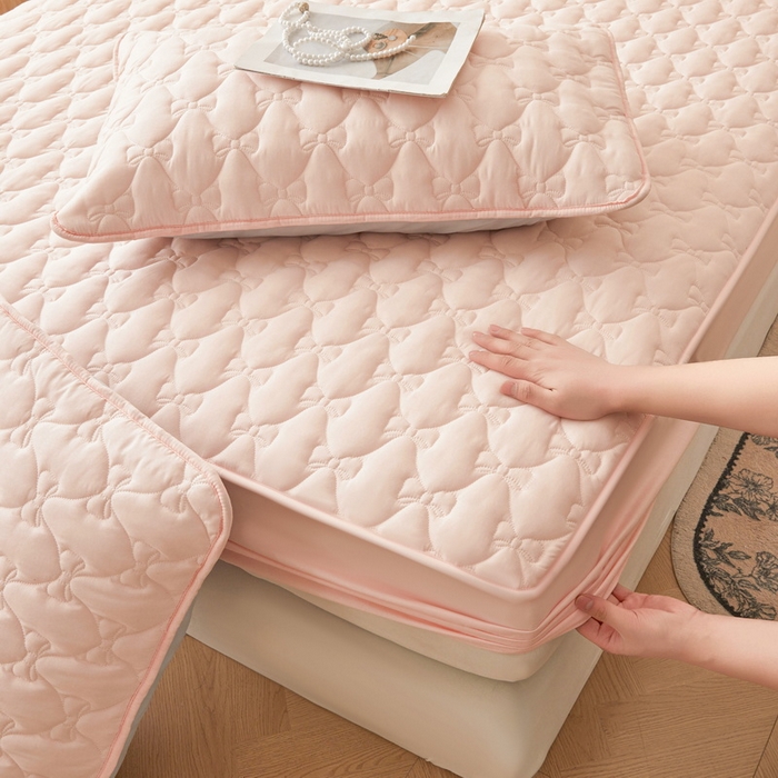 91家纺网 家纺一手货源 找家纺 LIFE.丽芙 2025新款水洗原棉单件蝴蝶结绗缝夹棉床笠三件套 蝴蝶结床笠-奶油粉