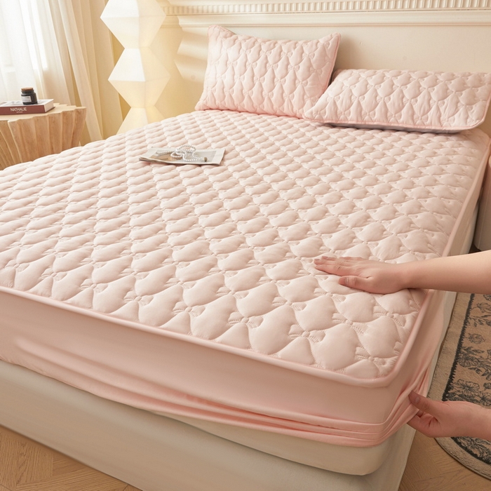 91家纺网 家纺一手货源 找家纺 LIFE.丽芙 2025新款水洗原棉单件蝴蝶结绗缝夹棉床笠三件套 蝴蝶结床笠-奶油粉