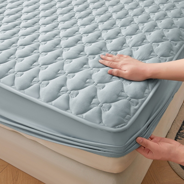 91家纺网 家纺一手货源 找家纺 LIFE.丽芙 2025新款水洗原棉单件蝴蝶结绗缝夹棉床笠三件套 蝴蝶结床笠-海青