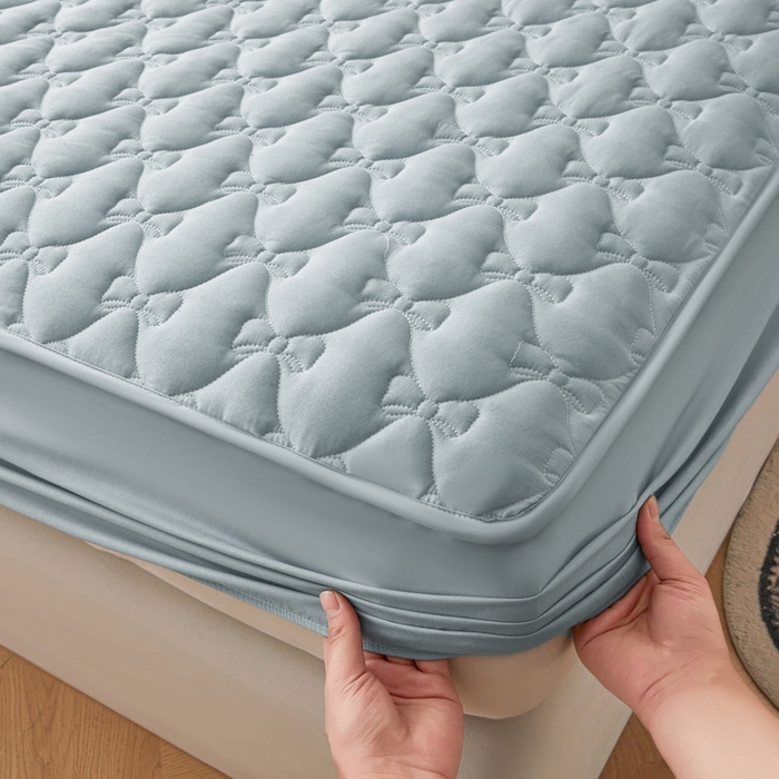 91家纺网 家纺一手货源 找家纺 LIFE.丽芙 2025新款水洗原棉单件蝴蝶结绗缝夹棉床笠三件套 蝴蝶结床笠-海青