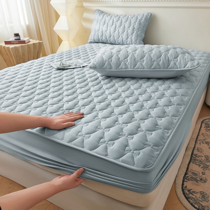 91家纺网 家纺一手货源 找家纺 LIFE.丽芙 2025新款水洗原棉单件蝴蝶结绗缝夹棉床笠三件套 蝴蝶结床笠-海青