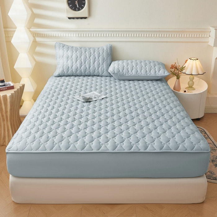 91家纺网 家纺一手货源 找家纺 LIFE.丽芙 2025新款水洗原棉单件蝴蝶结绗缝夹棉床笠三件套 蝴蝶结床笠-海青