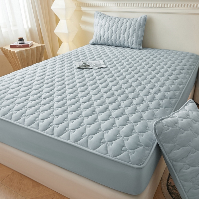 91家纺网 家纺一手货源 找家纺 LIFE.丽芙 2025新款水洗原棉单件蝴蝶结绗缝夹棉床笠三件套 蝴蝶结床笠-海青