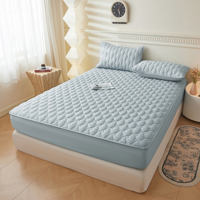 91家纺网 家纺一手货源 找家纺 LIFE.丽芙 2025新款水洗原棉单件蝴蝶结绗缝夹棉床笠三件套 蝴蝶结床笠-海青