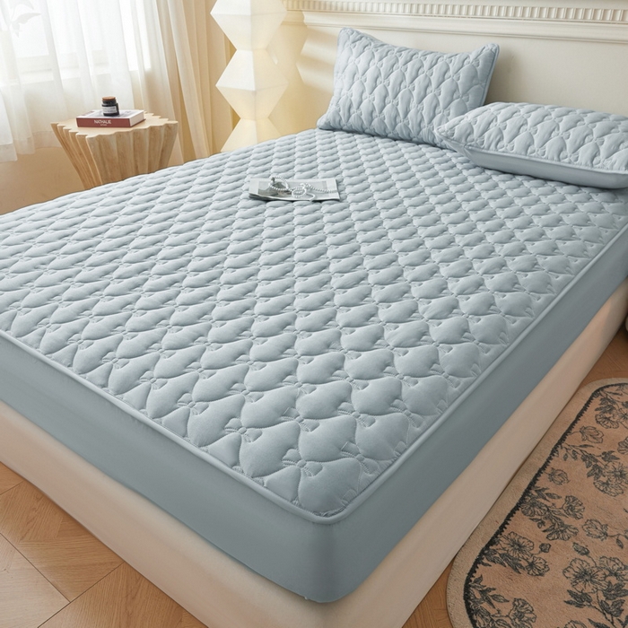 91家纺网 家纺一手货源 找家纺 LIFE.丽芙 2025新款水洗原棉单件蝴蝶结绗缝夹棉床笠三件套 蝴蝶结床笠-海青