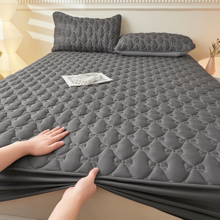 LIFE.丽芙 2025新款水洗原棉单件蝴蝶结绗缝夹棉床笠三件套 蝴蝶结床笠-高级灰