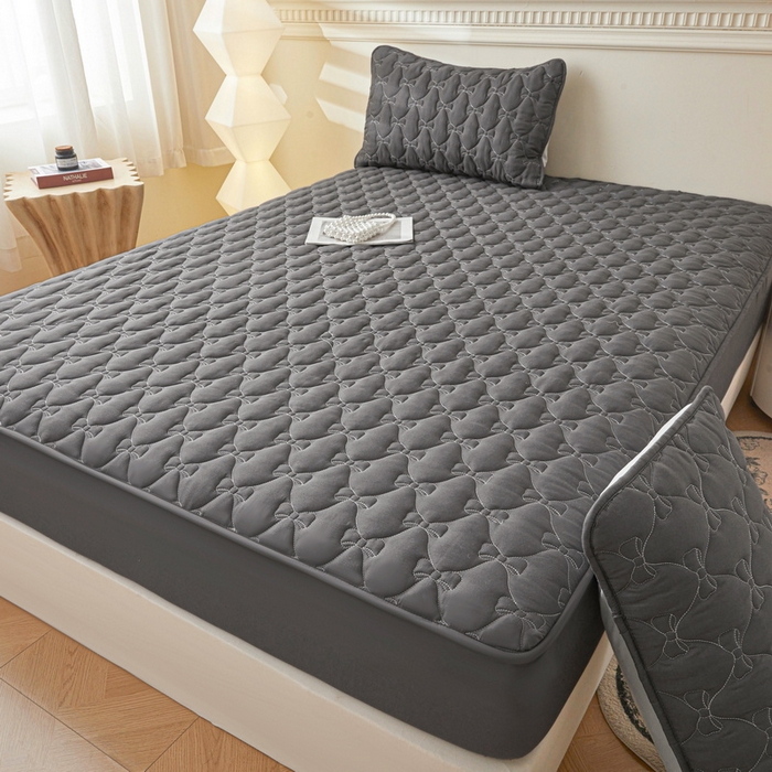 91家纺网 家纺一手货源 找家纺 LIFE.丽芙 2025新款水洗原棉单件蝴蝶结绗缝夹棉床笠三件套 蝴蝶结床笠-高级灰