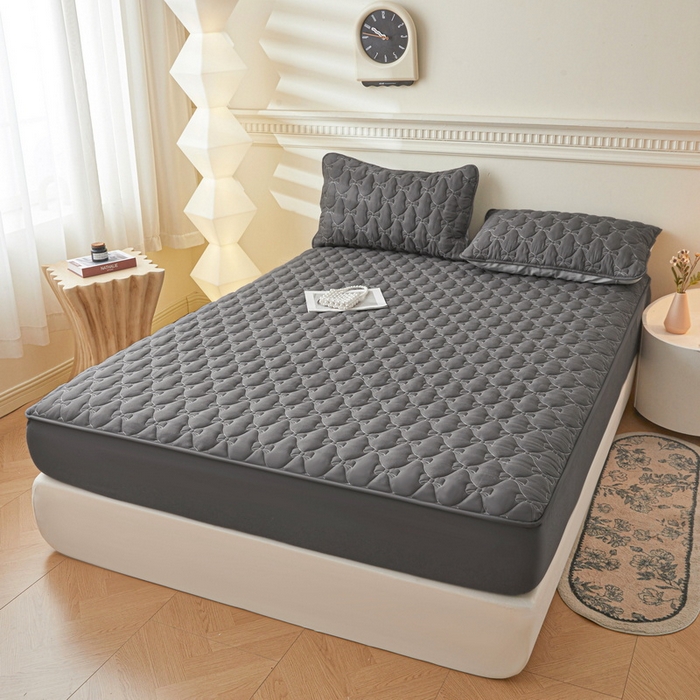 91家纺网 家纺一手货源 找家纺 LIFE.丽芙 2025新款水洗原棉单件蝴蝶结绗缝夹棉床笠三件套 蝴蝶结床笠-高级灰