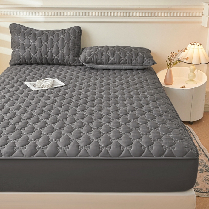 91家纺网 家纺一手货源 找家纺 LIFE.丽芙 2025新款水洗原棉单件蝴蝶结绗缝夹棉床笠三件套 蝴蝶结床笠-高级灰