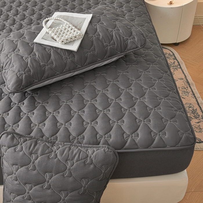 91家纺网 家纺一手货源 找家纺 LIFE.丽芙 2025新款水洗原棉单件蝴蝶结绗缝夹棉床笠三件套 蝴蝶结床笠-高级灰