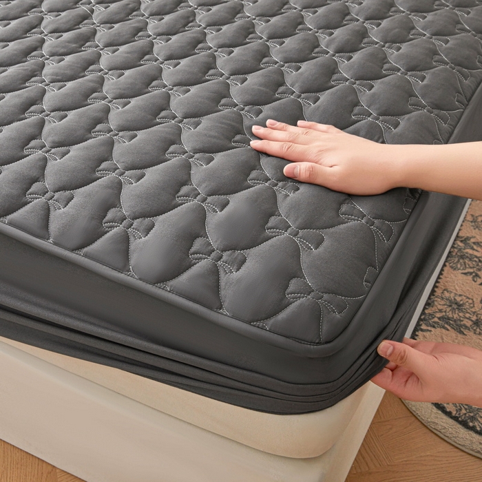 91家纺网 家纺一手货源 找家纺 LIFE.丽芙 2025新款水洗原棉单件蝴蝶结绗缝夹棉床笠三件套 蝴蝶结床笠-高级灰