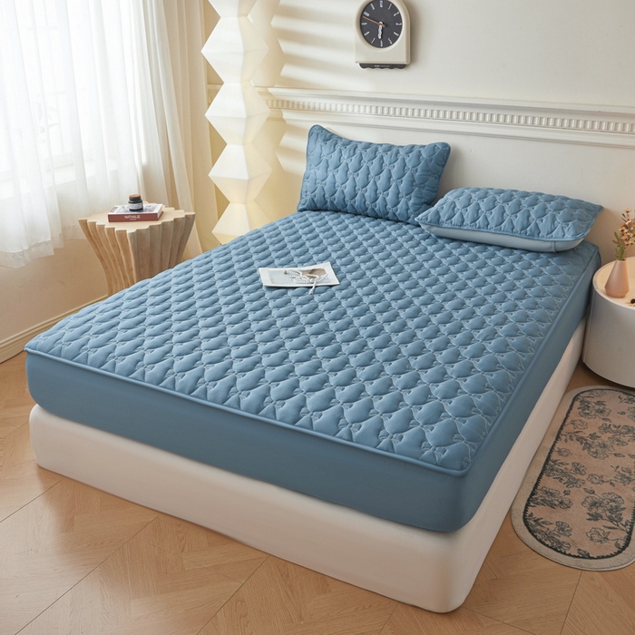 91家纺网 家纺一手货源 找家纺 LIFE.丽芙 2025新款水洗原棉单件蝴蝶结绗缝夹棉床笠三件套 蝴蝶结床笠-宾利蓝