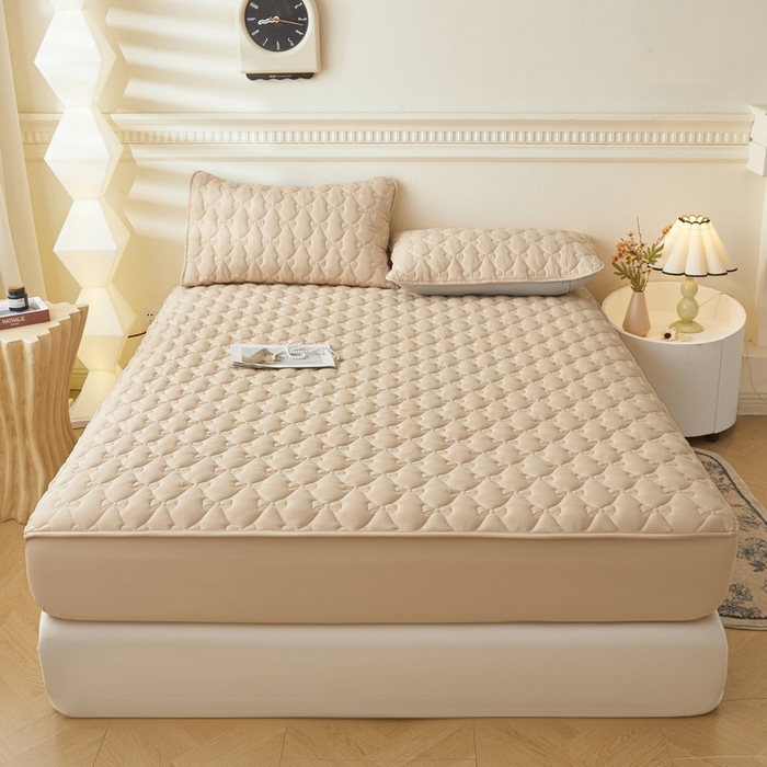 91家纺网 家纺一手货源 找家纺 LIFE.丽芙 2025新款水洗原棉单件蝴蝶结绗缝夹棉床笠三件套 蝴蝶结床笠-奶茶