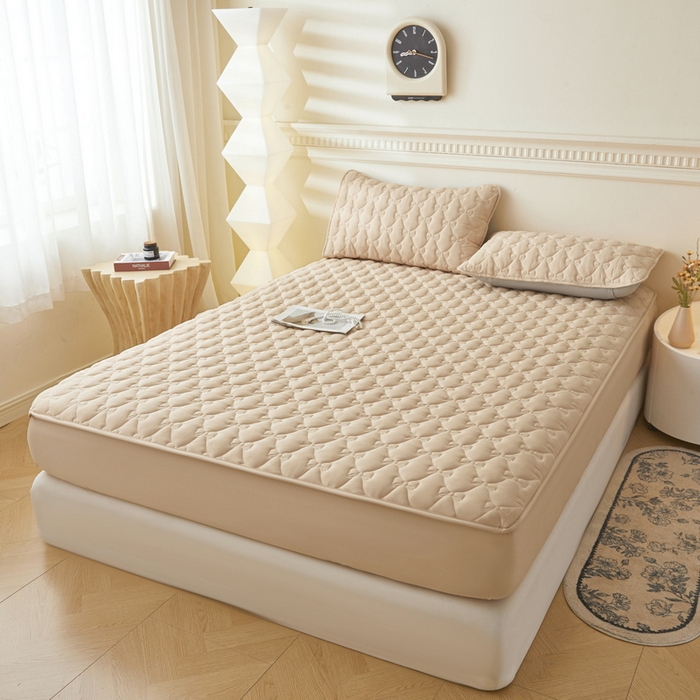 91家纺网 家纺一手货源 找家纺 LIFE.丽芙 2025新款水洗原棉单件蝴蝶结绗缝夹棉床笠三件套 蝴蝶结床笠-奶茶