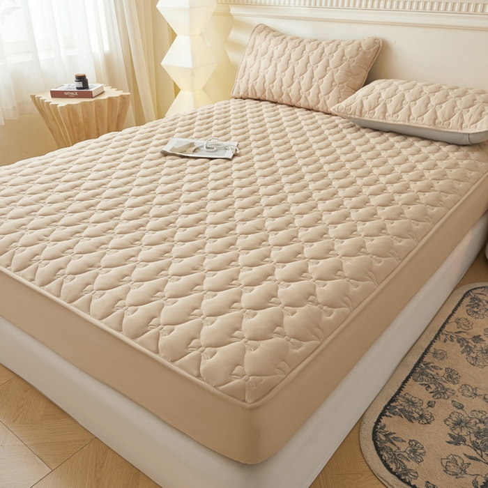 91家纺网 家纺一手货源 找家纺 LIFE.丽芙 2025新款水洗原棉单件蝴蝶结绗缝夹棉床笠三件套 蝴蝶结床笠-奶茶