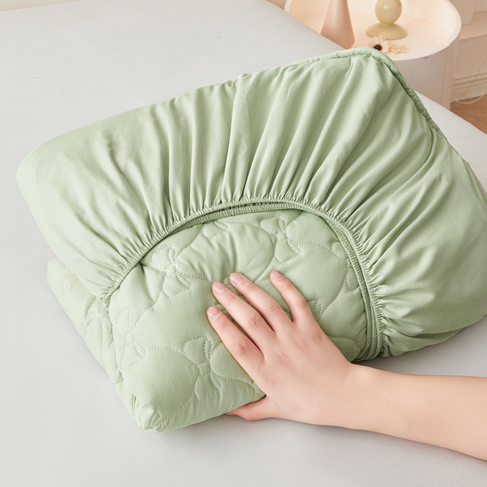 91家纺网 家纺一手货源 找家纺 LIFE.丽芙 2025新款水洗原棉单件蝴蝶结绗缝夹棉床笠三件套 蝴蝶结床笠-松石绿