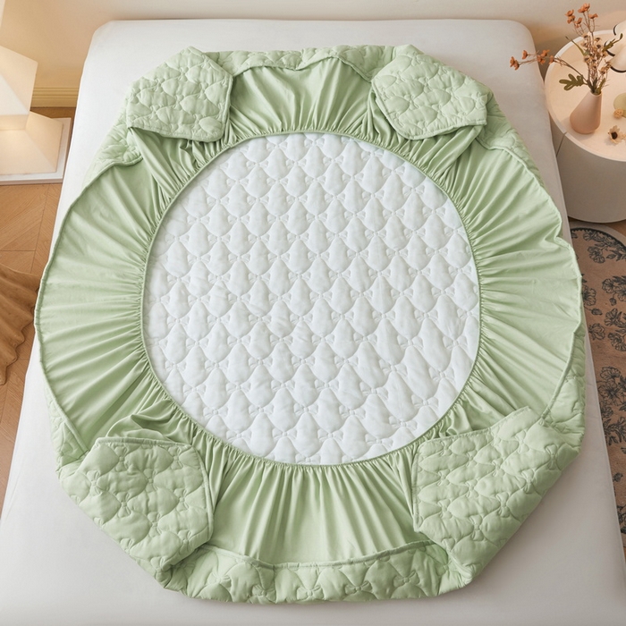 91家纺网 家纺一手货源 找家纺 LIFE.丽芙 2025新款水洗原棉单件蝴蝶结绗缝夹棉床笠三件套 蝴蝶结床笠-松石绿