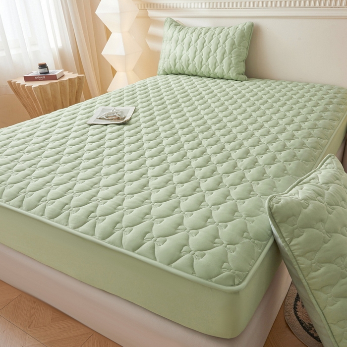 91家纺网 家纺一手货源 找家纺 LIFE.丽芙 2025新款水洗原棉单件蝴蝶结绗缝夹棉床笠三件套 蝴蝶结床笠-松石绿