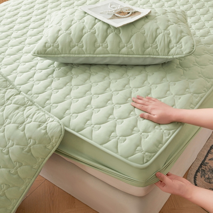 91家纺网 家纺一手货源 找家纺 LIFE.丽芙 2025新款水洗原棉单件蝴蝶结绗缝夹棉床笠三件套 蝴蝶结床笠-松石绿