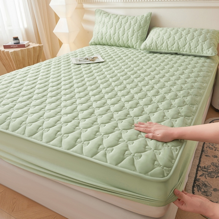 91家纺网 家纺一手货源 找家纺 LIFE.丽芙 2025新款水洗原棉单件蝴蝶结绗缝夹棉床笠三件套 蝴蝶结床笠-松石绿