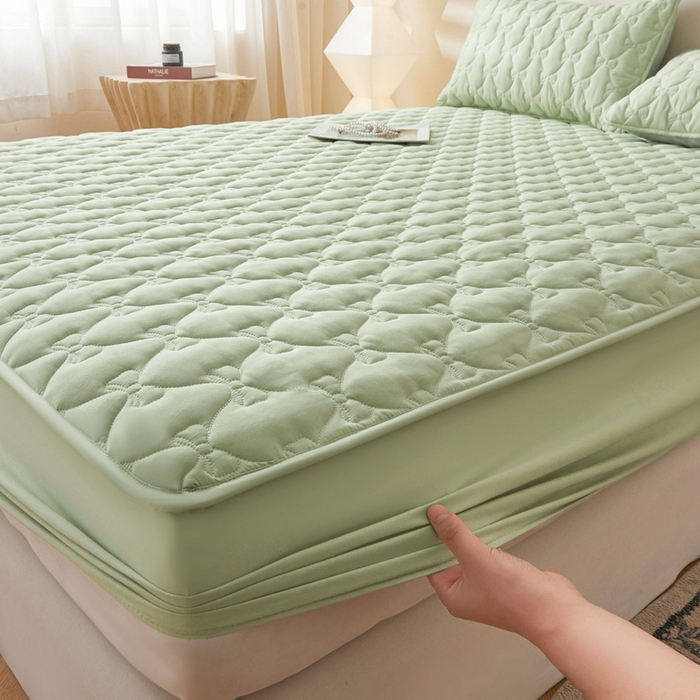 91家纺网 家纺一手货源 找家纺 LIFE.丽芙 2025新款水洗原棉单件蝴蝶结绗缝夹棉床笠三件套 蝴蝶结床笠-松石绿