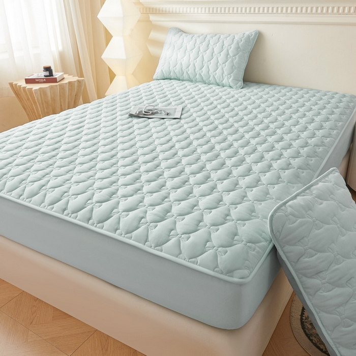 91家纺网 家纺一手货源 找家纺 LIFE.丽芙 2025新款水洗原棉单件蝴蝶结绗缝夹棉床笠三件套 蝴蝶结床笠-天空蓝