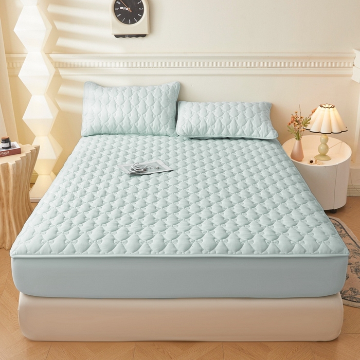 91家纺网 家纺一手货源 找家纺 LIFE.丽芙 2025新款水洗原棉单件蝴蝶结绗缝夹棉床笠三件套 蝴蝶结床笠-天空蓝