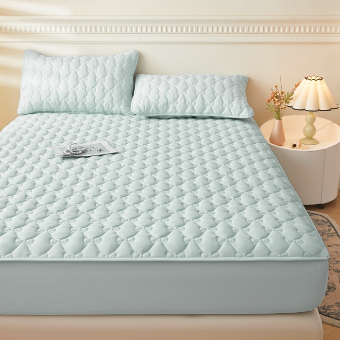 91家纺网 家纺一手货源 找家纺 LIFE.丽芙 2025新款水洗原棉单件蝴蝶结绗缝夹棉床笠三件套 蝴蝶结床笠-天空蓝