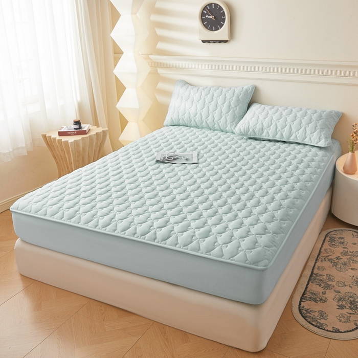 91家纺网 家纺一手货源 找家纺 LIFE.丽芙 2025新款水洗原棉单件蝴蝶结绗缝夹棉床笠三件套 蝴蝶结床笠-天空蓝