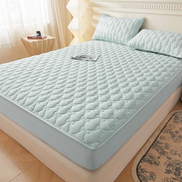 91家纺网 家纺一手货源 找家纺 LIFE.丽芙 2025新款水洗原棉单件蝴蝶结绗缝夹棉床笠三件套 蝴蝶结床笠-天空蓝