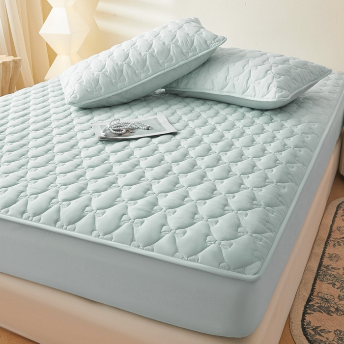 91家纺网 家纺一手货源 找家纺 LIFE.丽芙 2025新款水洗原棉单件蝴蝶结绗缝夹棉床笠三件套 蝴蝶结床笠-天空蓝