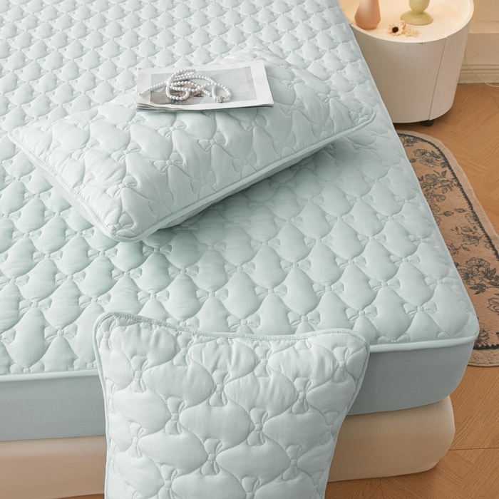 91家纺网 家纺一手货源 找家纺 LIFE.丽芙 2025新款水洗原棉单件蝴蝶结绗缝夹棉床笠三件套 蝴蝶结床笠-天空蓝