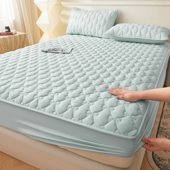 91家纺网 家纺一手货源 找家纺 LIFE.丽芙 2025新款水洗原棉单件蝴蝶结绗缝夹棉床笠三件套 蝴蝶结床笠-天空蓝