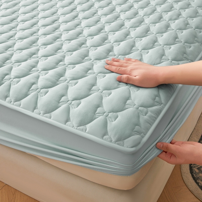 91家纺网 家纺一手货源 找家纺 LIFE.丽芙 2025新款水洗原棉单件蝴蝶结绗缝夹棉床笠三件套 蝴蝶结床笠-天空蓝