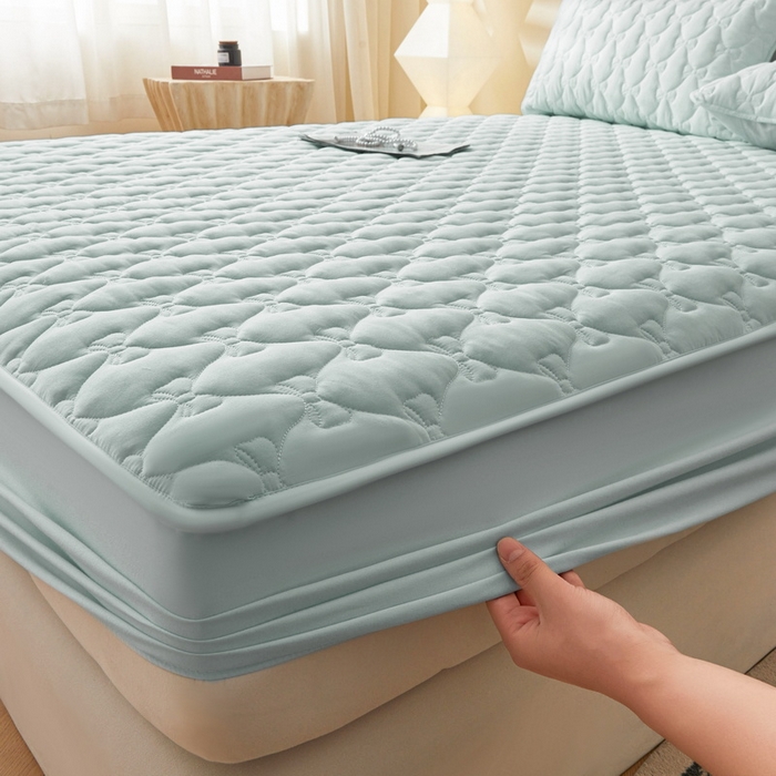 91家纺网 家纺一手货源 找家纺 LIFE.丽芙 2025新款水洗原棉单件蝴蝶结绗缝夹棉床笠三件套 蝴蝶结床笠-天空蓝