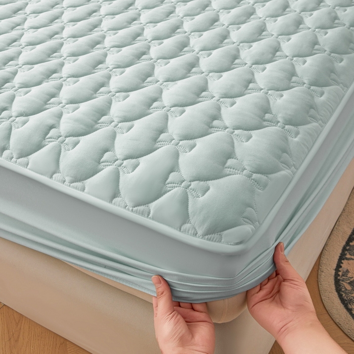 91家纺网 家纺一手货源 找家纺 LIFE.丽芙 2025新款水洗原棉单件蝴蝶结绗缝夹棉床笠三件套 蝴蝶结床笠-天空蓝