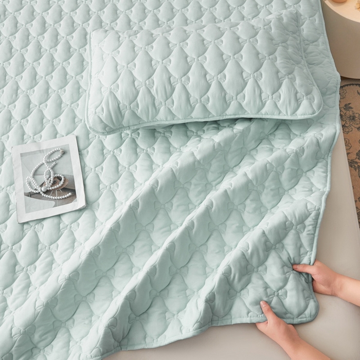 91家纺网 家纺一手货源 找家纺 LIFE.丽芙 2025新款水洗原棉单件蝴蝶结绗缝夹棉床笠三件套 蝴蝶结床笠-天空蓝