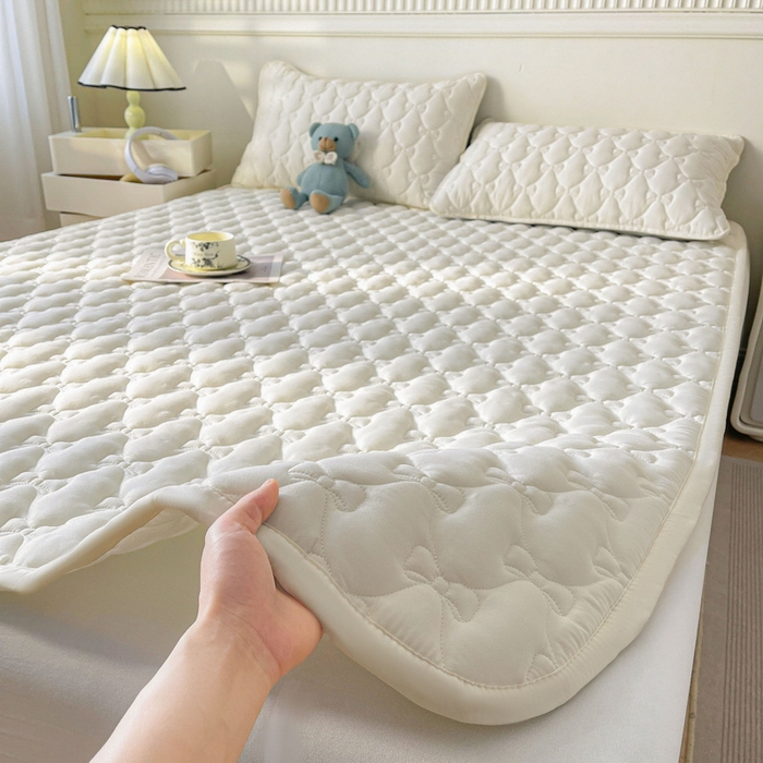 91家纺网 家纺一手货源 找家纺 LIFE.丽芙 2025新款水洗原棉单件蝴蝶结绗缝夹棉床褥垫子三件套 蝴蝶结床褥垫-象牙白