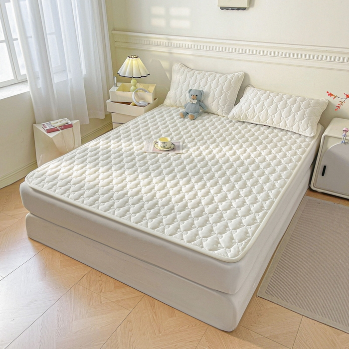 91家纺网 家纺一手货源 找家纺 LIFE.丽芙 2025新款水洗原棉单件蝴蝶结绗缝夹棉床褥垫子三件套 蝴蝶结床褥垫-象牙白