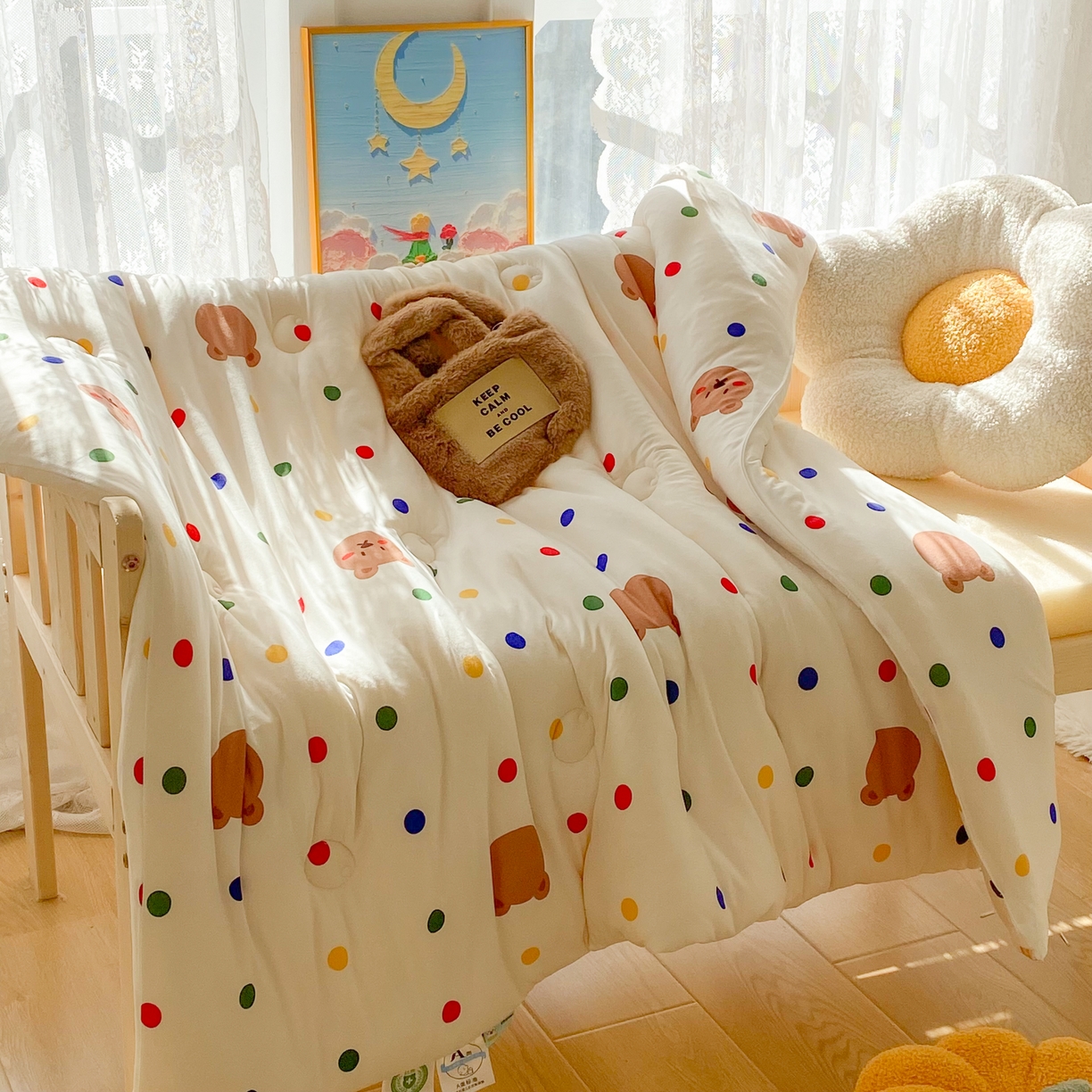 91家纺网 家纺一手货源 找家纺 小叮当家纺仓储工厂店 2026新款（全花型全花型大货 不断货）宝宝被子豆豆绒牛奶针织棉被子儿童被子豆豆被大豆被春秋被秋冬被 牛奶针织被-米洛熊