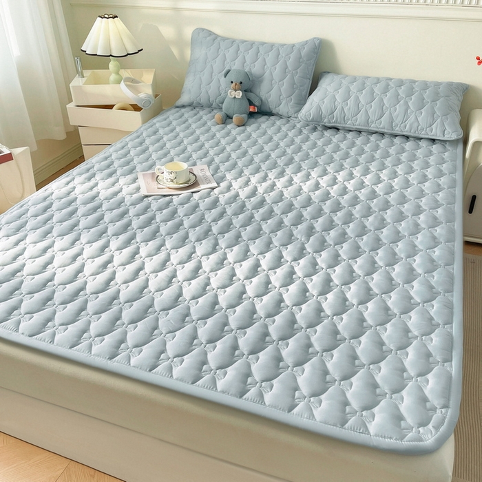 LIFE.丽芙 2025新款水洗原棉单件蝴蝶结绗缝夹棉床褥垫子三件套 蝴蝶结床褥垫-海青